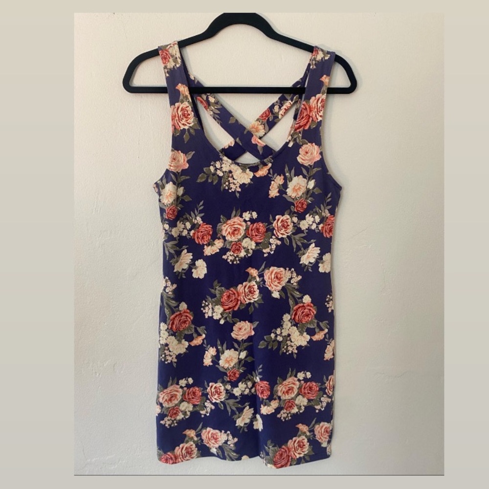 Navy blue fitted floral dress.